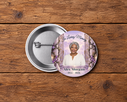 Personalized 2.25-inch memorial pin button, Design 112, with example portrait, name and dates