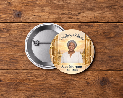 Personalized 2.25-inch memorial pin button, Design 113, with example portrait, name and dates