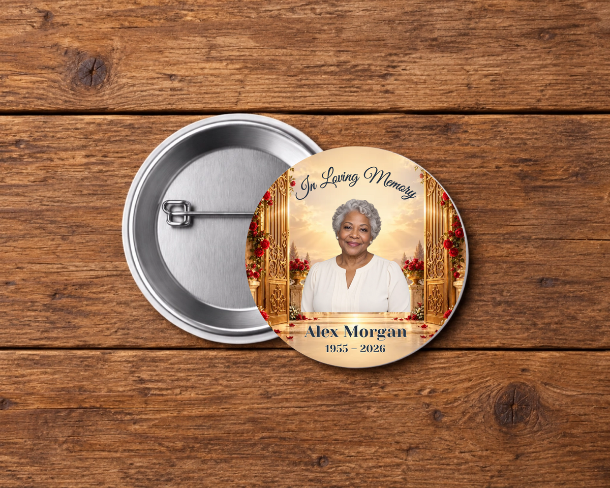 Personalized 2.25-inch memorial pin button, Design 114, with example portrait, name and dates