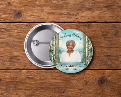 Personalized 2.25-inch memorial pin button, Design 115, with example portrait, name and dates