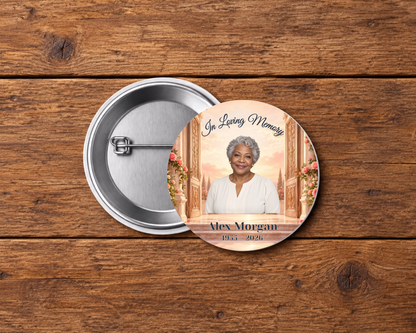 Personalized 2.25-inch memorial pin button, Design 116, with example portrait, name and dates