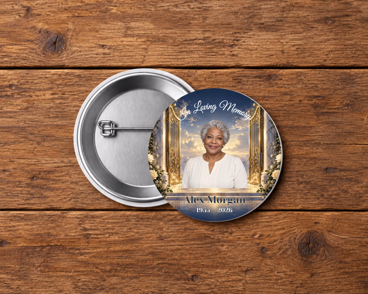 Personalized 2.25-inch memorial pin button, Design 117, with example portrait, name and dates