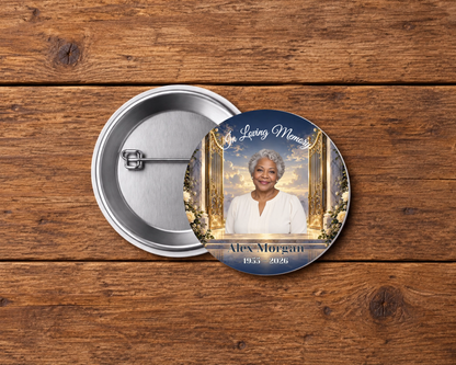 Personalized 2.25-inch memorial pin button, Design 117, with example portrait, name and dates