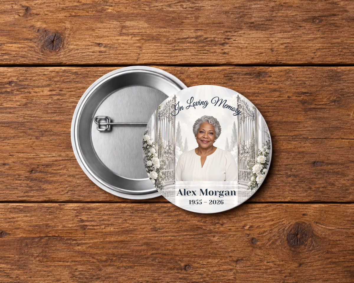 Personalized 2.25-inch memorial pin button, Design 118, with example portrait, name and dates
