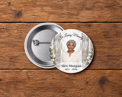 Personalized 2.25-inch memorial pin button, Design 118, with example portrait, name and dates