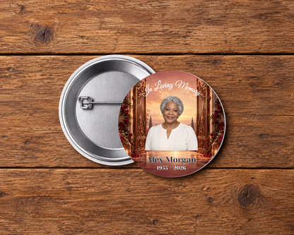 Personalized 2.25-inch memorial pin button, Design 119, with example portrait, name and dates
