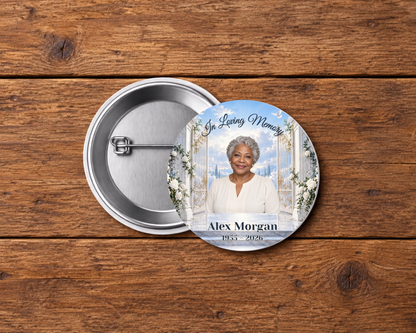 Personalized 2.25-inch memorial pin button, Design 120, with example portrait, name and dates
