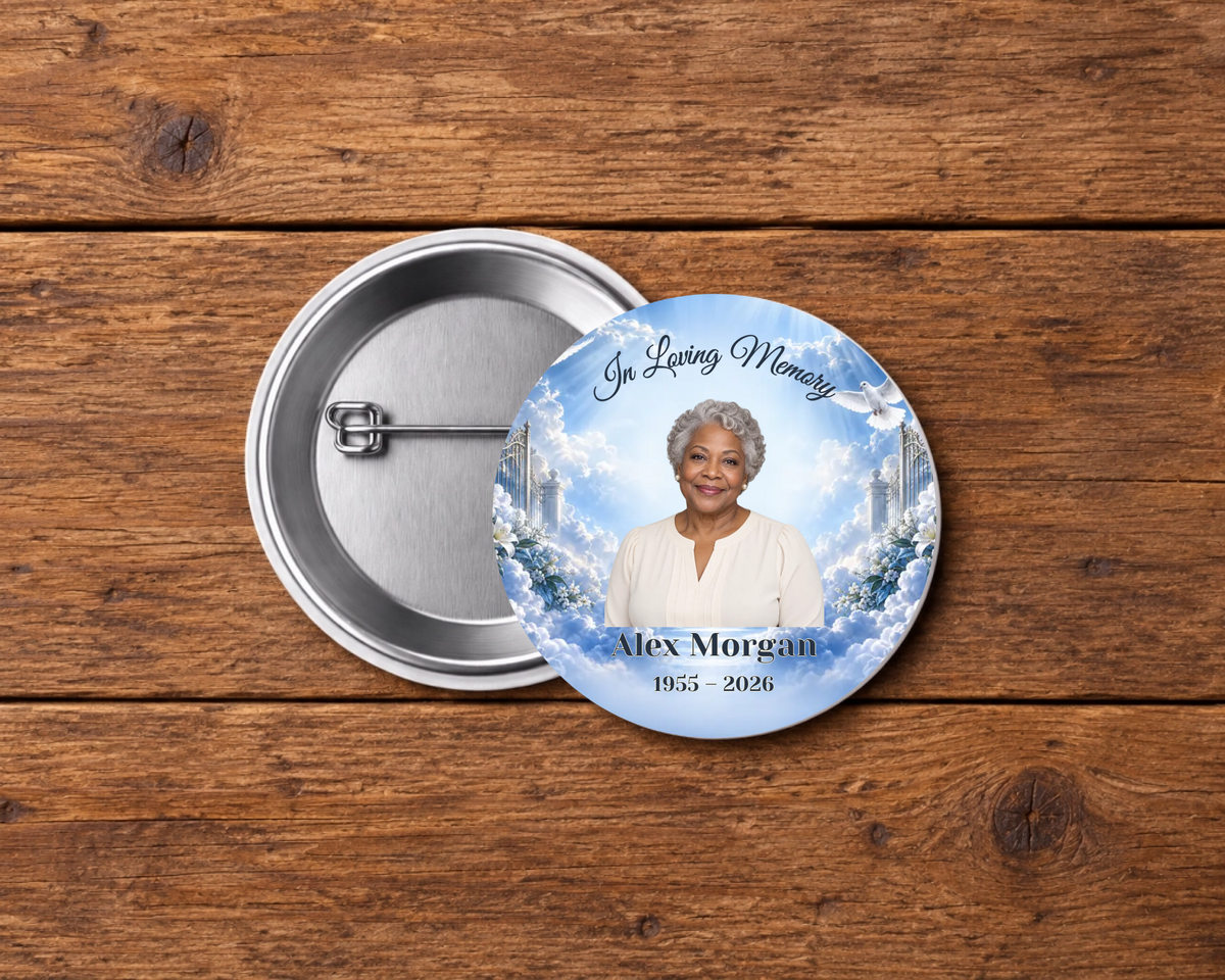 Personalized 2.25-inch memorial pin button, Design 121, with example portrait, name and dates