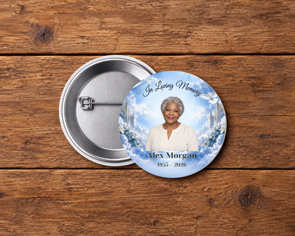 Personalized 2.25-inch memorial pin button, Design 121, with example portrait, name and dates