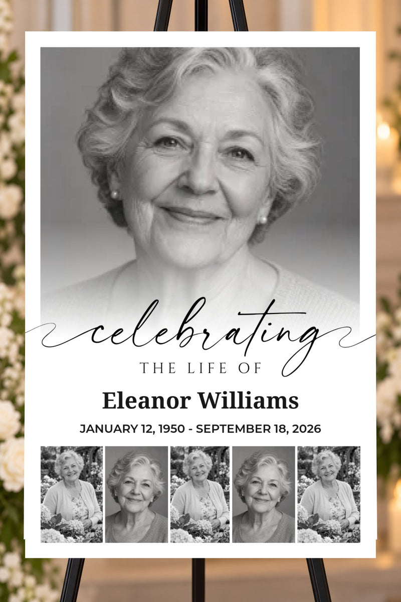 Celebrating a Life memorial foam board with sample photos, larger bold name and readable life dates, 24 by 36 inches