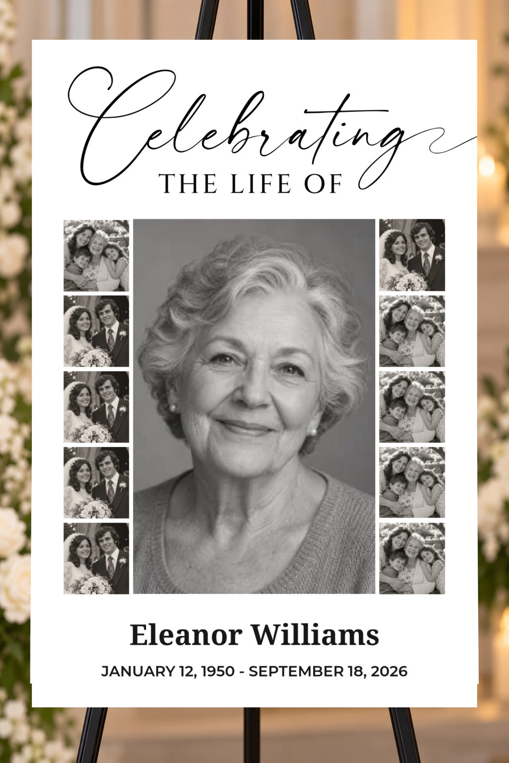 Celebrating a Life memorial foam board with sample photos, larger bold name and readable life dates, 24 by 36 inches