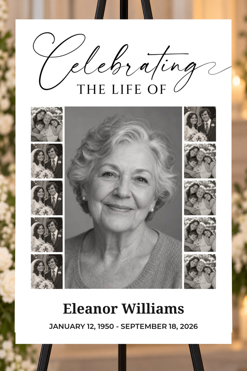 Celebrating a Life memorial foam board with sample photos, larger bold name and readable life dates, 24 by 36 inches