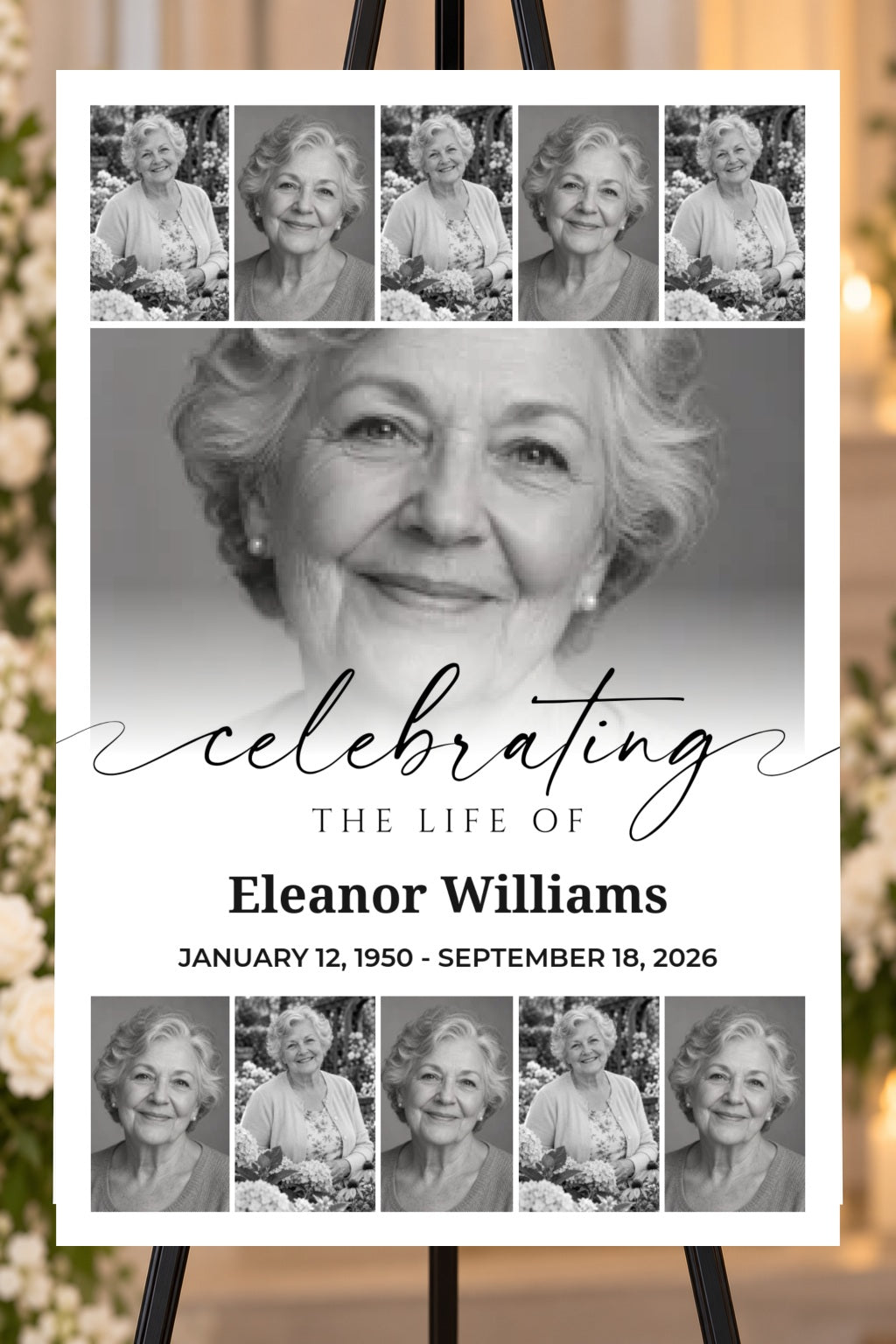 Celebrating a Life memorial foam board with sample photos, larger bold name and readable life dates, 24 by 36 inches