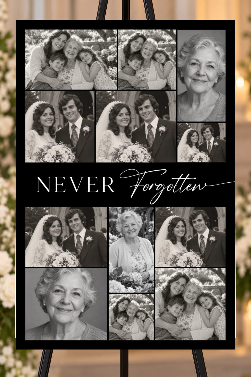 Never Forgotten black memorial foam board, 12 photo collage, 24 by 36 inches, shown on an easel with sample photos