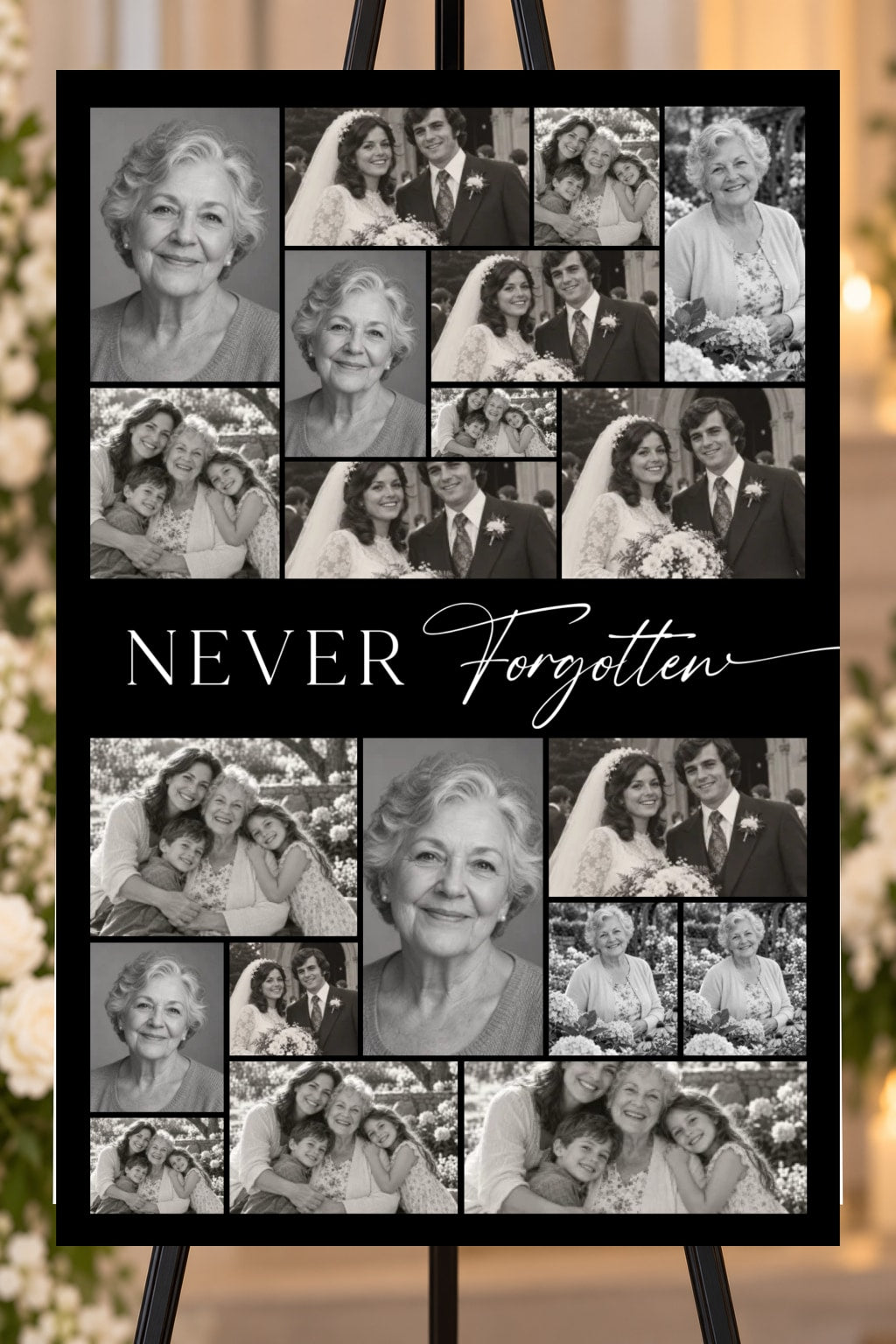 Never Forgotten black memorial foam board, 20 photo collage, 24 by 36 inches, shown on an easel with sample photos
