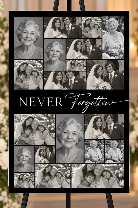 Never Forgotten black memorial foam board, 20 photo collage, 24 by 36 inches, shown on an easel with sample photos