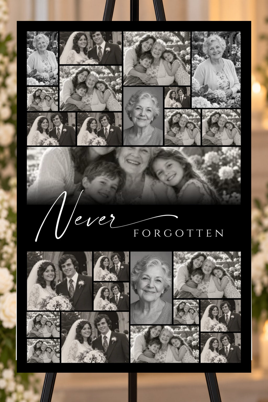 Never Forgotten black memorial foam board, 25 photo collage, 24 by 36 inches, shown on an easel with sample photos