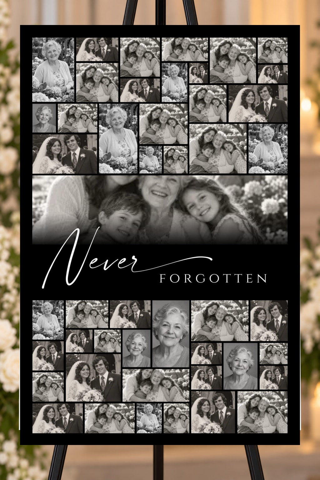 Never Forgotten black memorial foam board, 47 photo mosaic, 24 by 36 inches, shown on an easel with sample photos