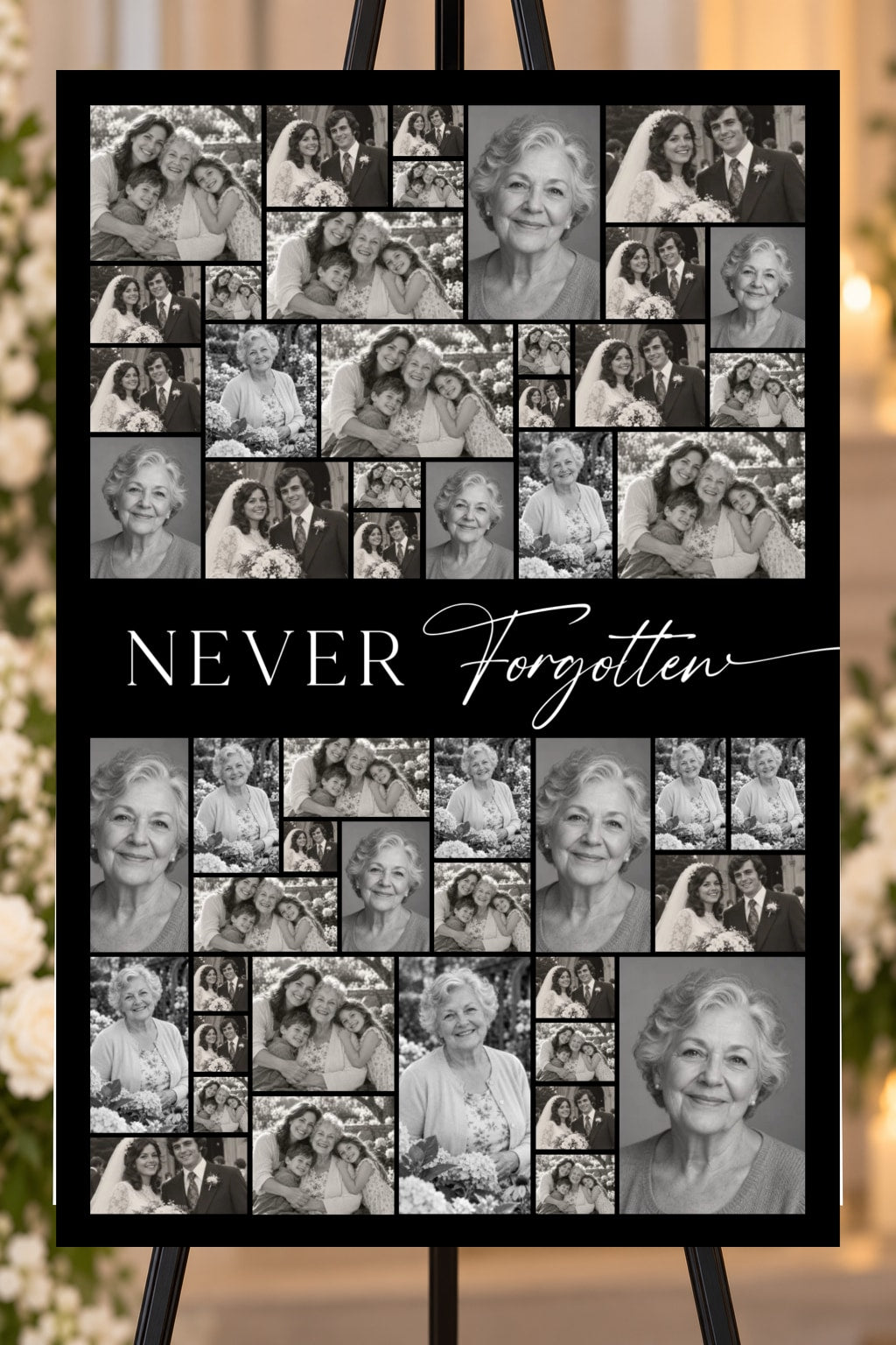 Never Forgotten black memorial foam board, 50 photo collage, 24 by 36 inches, shown on an easel with sample photos