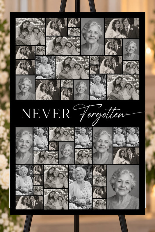 Never Forgotten black memorial foam board, 50 photo collage, 24 by 36 inches, shown on an easel with sample photos