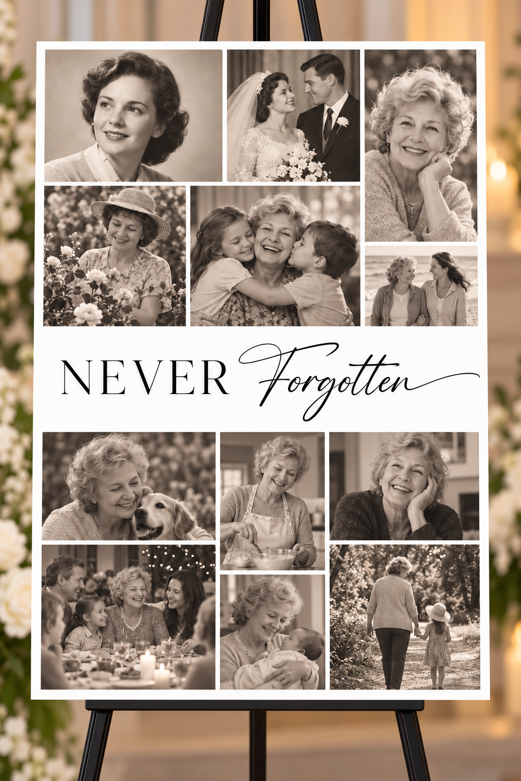 Never Forgotten memorial photo collage foam board with twelve sample family photos and original serif and script heading