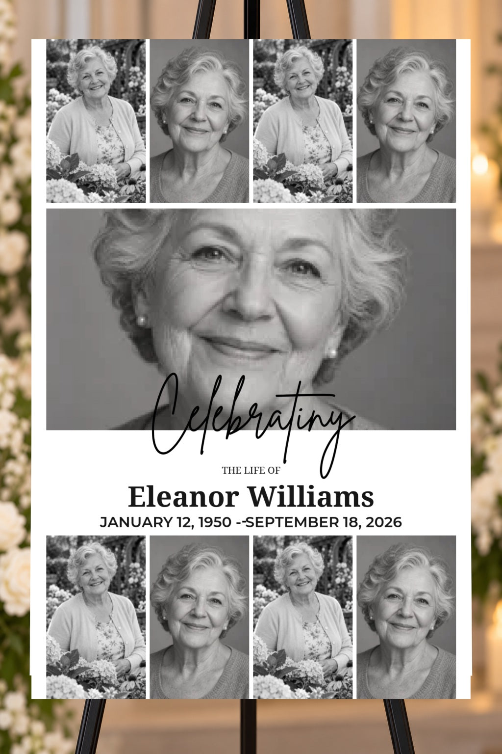 Celebrating a Life memorial foam board with sample photos, larger bold name and readable life dates, 24 by 36 inches