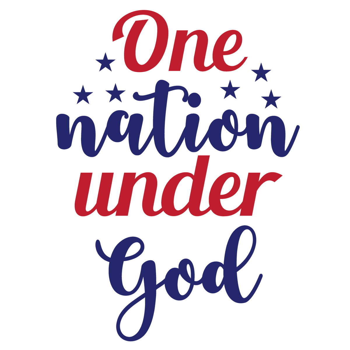 One Nation Under God red and navy script lettering with patriotic stars.
