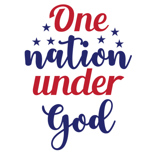 One Nation Under God red and navy script lettering with patriotic stars.