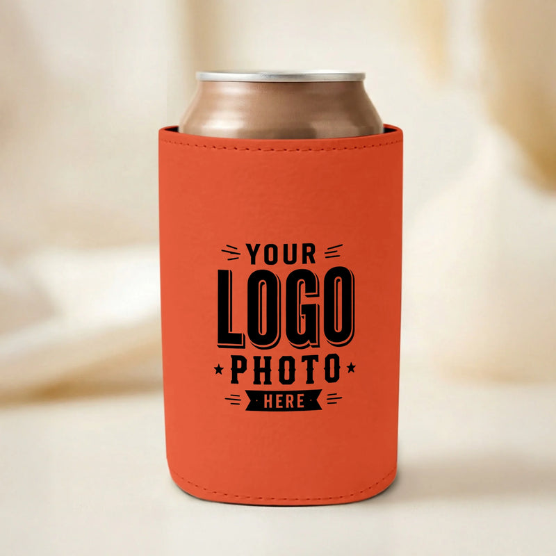 Custom orange leatherette can cooler with UV printed logos, names, photos, and artwork for businesses, construction companies, fundraisers, events, and promotional marketing.