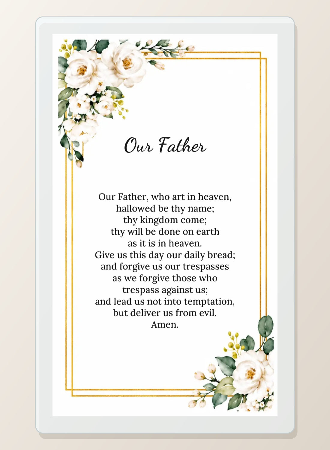 Our Father laminated memorial prayer card back with white roses and gold border