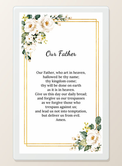Our Father laminated memorial prayer card back with white roses and gold border