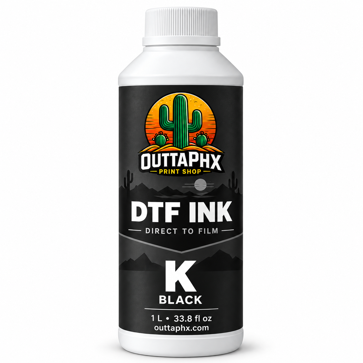 Outta Phx black DTF ink 1-liter bottle with cactus logo label