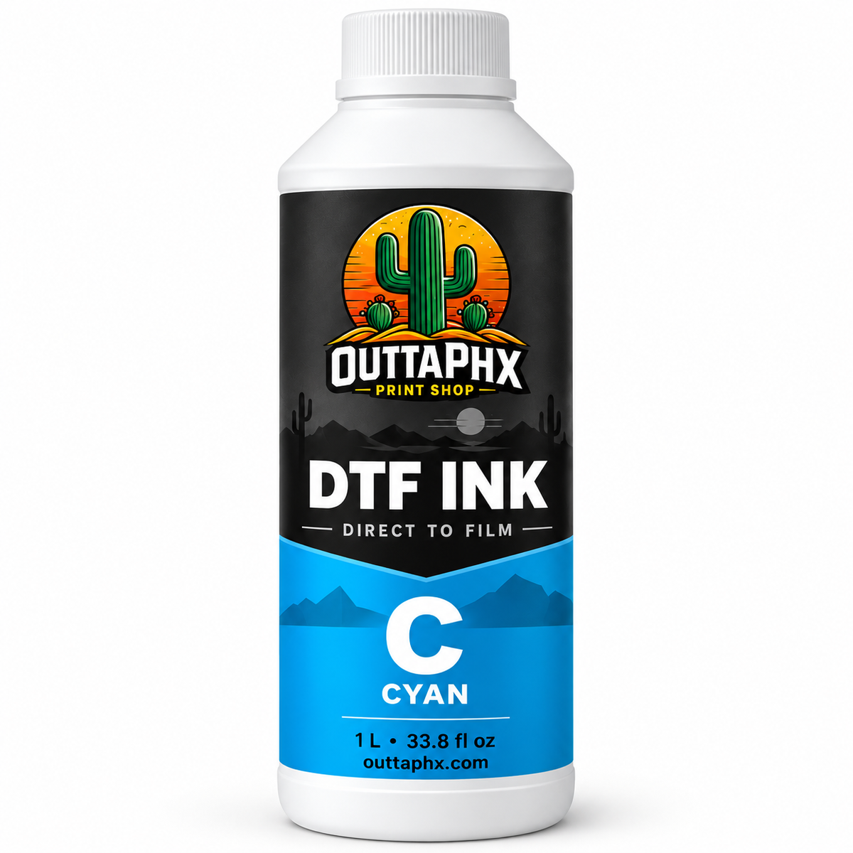 Outta Phx cyan DTF ink 1-liter bottle with cactus logo label
