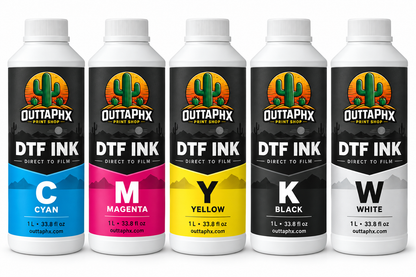 Outta Phx Print Shop 1-liter DTF ink bottles in cyan, magenta, yellow, black and white