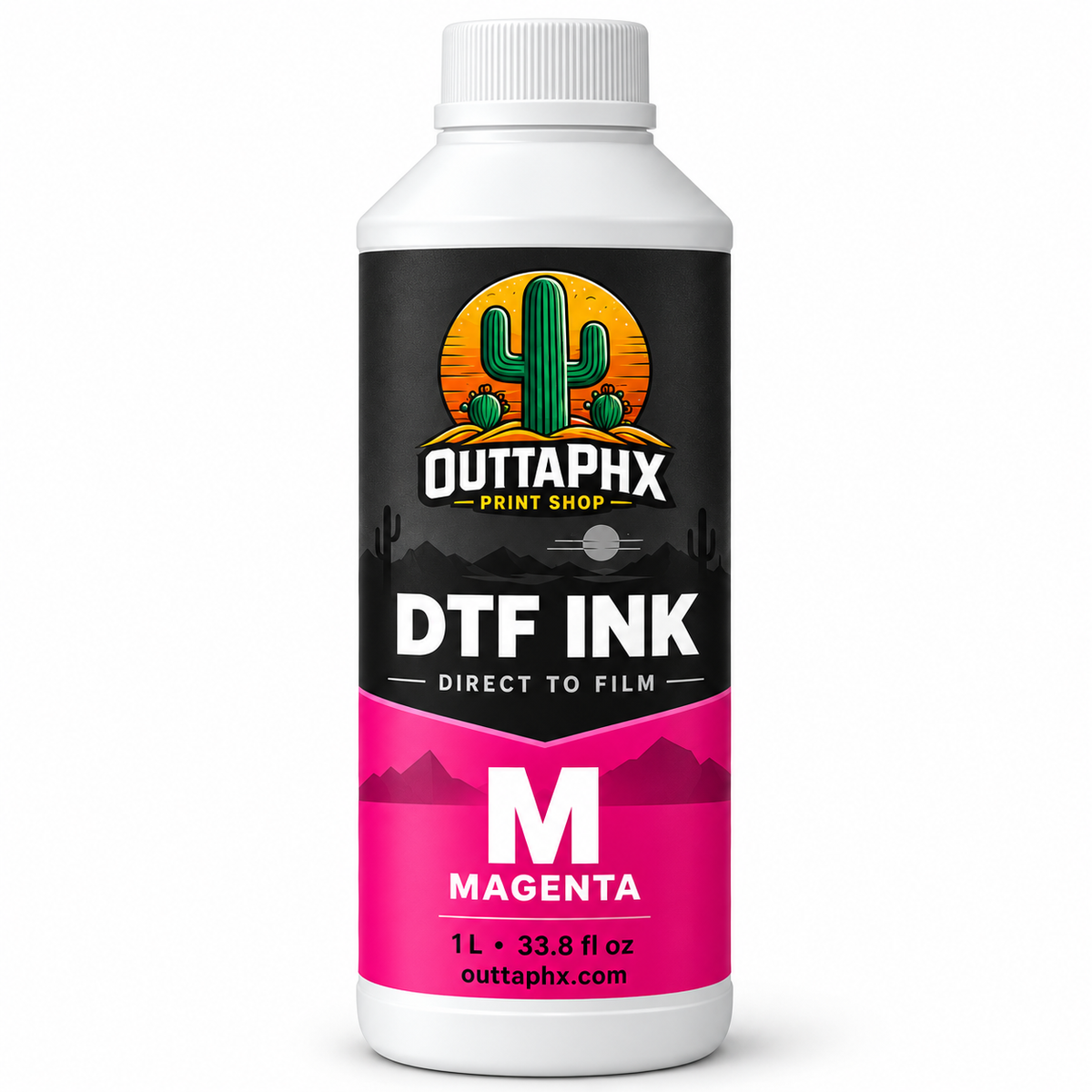 Outta Phx magenta DTF ink 1-liter bottle with cactus logo label