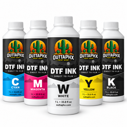 Outta Phx White and CMYK DTF ink 1-liter bottles with branded labels