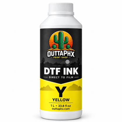 Outta Phx yellow DTF ink 1-liter bottle with cactus logo label