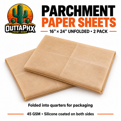 Two unbleached parchment paper sheets folded into quarters, each measuring 16 by 24 inches unfolded.