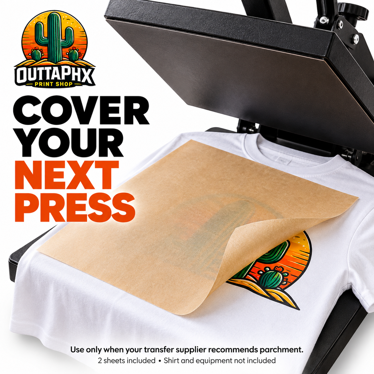 Parchment cover sheet over a cactus print on a white T-shirt in an open heat press.