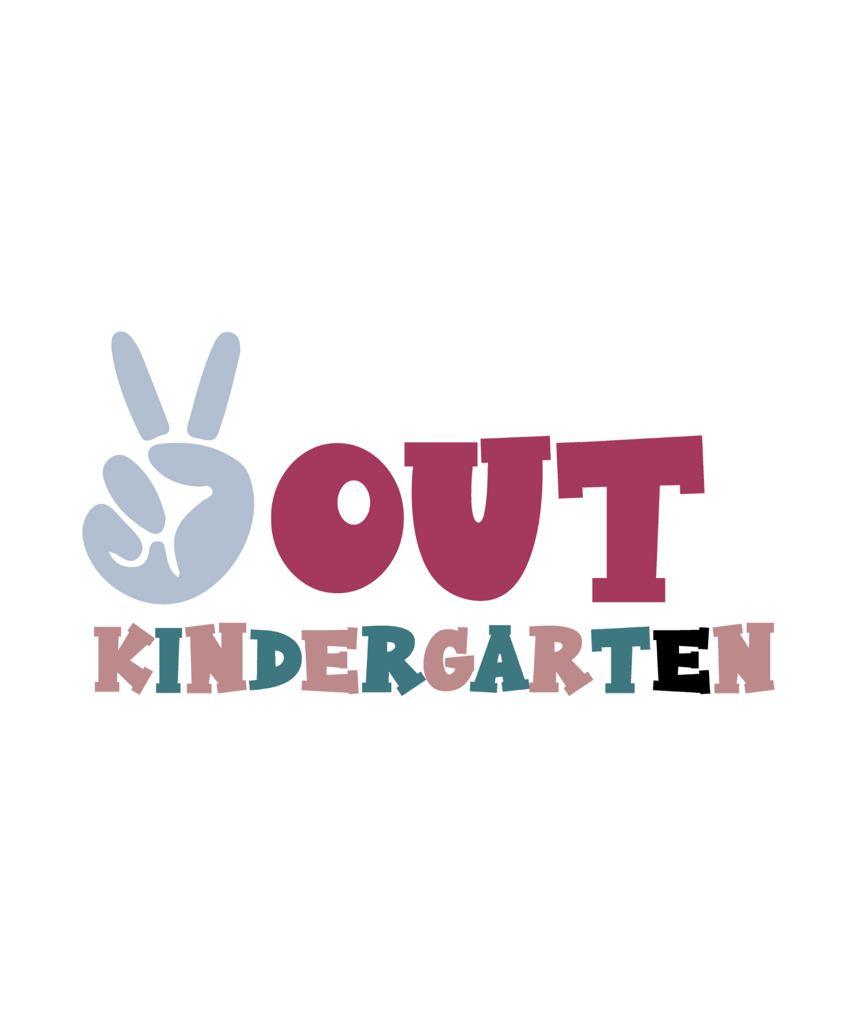 Peace-sign hand beside berry OUT lettering and multicolor KINDERGARTEN text on a ready-to-press school transfer.