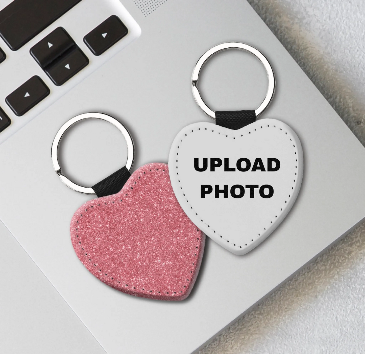 Pink glitter heart PU leather keychain personalized with photos, logos, names, and artwork.
