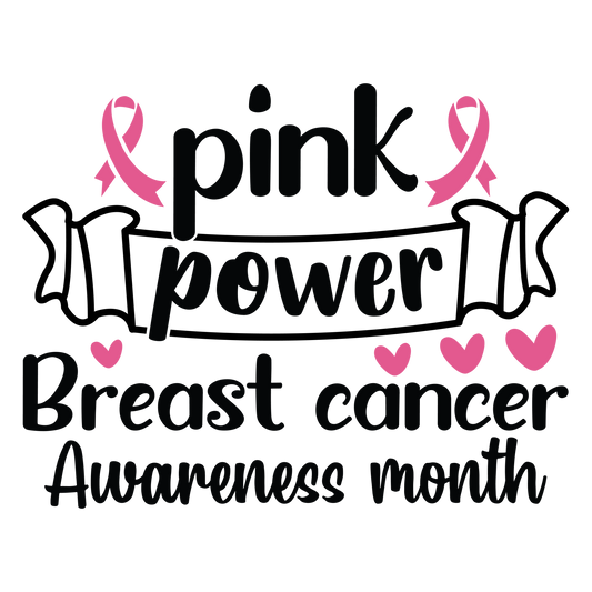 Pink Power breast cancer awareness design with ribbon accents, a scroll banner, black lettering and pink hearts.