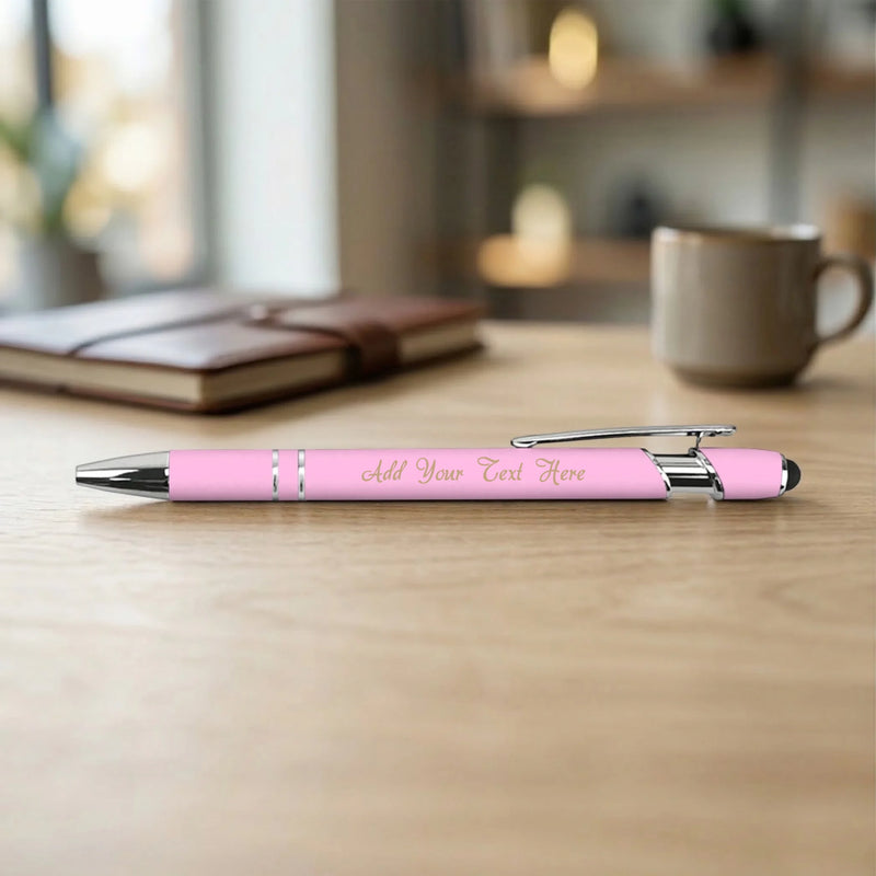 Custom engraved pink soft-touch stylus pen with business logo, made in Phoenix AZ