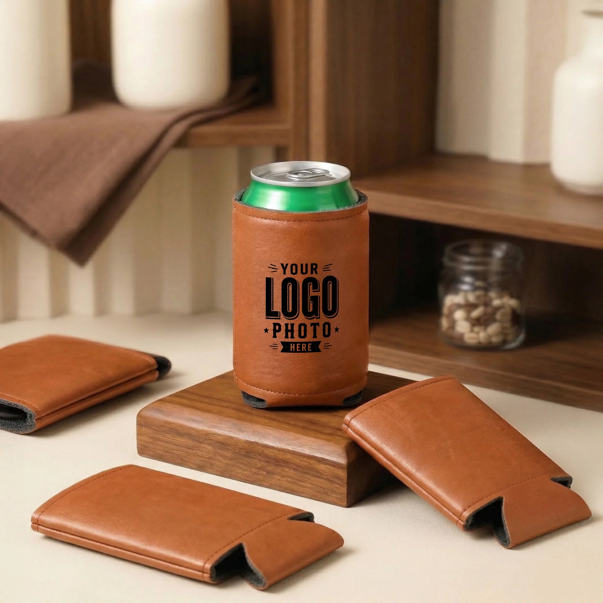 Premium leatherette can cooler engraved with logos, names, monograms, and custom artwork for corporate gifts, weddings, golf tournaments, and business promotions.