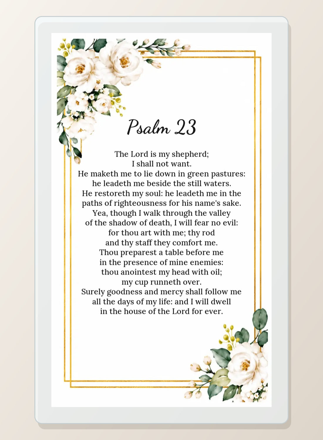 Psalm 23 laminated memorial prayer card back with white roses and gold border