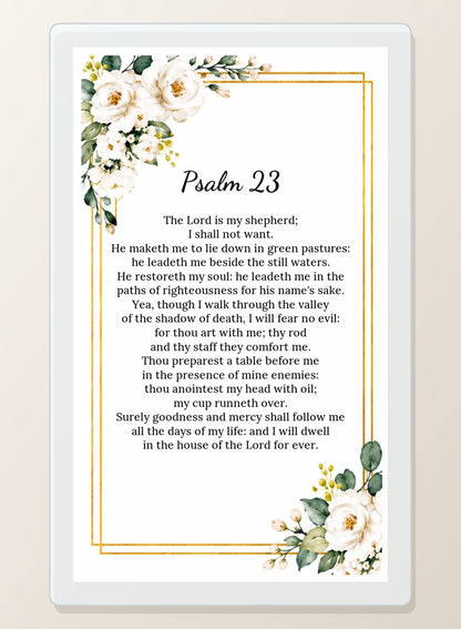 Psalm 23 laminated memorial prayer card back with white roses and gold border