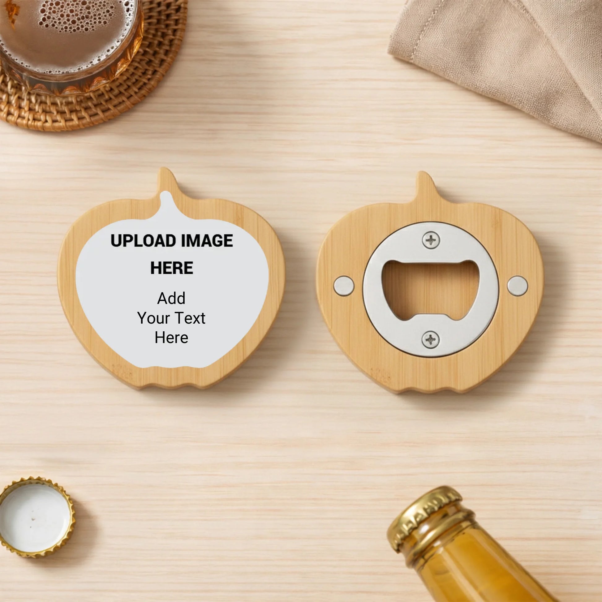Personalized pumpkin shaped magnetic bottle opener with high-gloss custom finish, festive fall refrigerator magnet printed in Phoenix AZ.