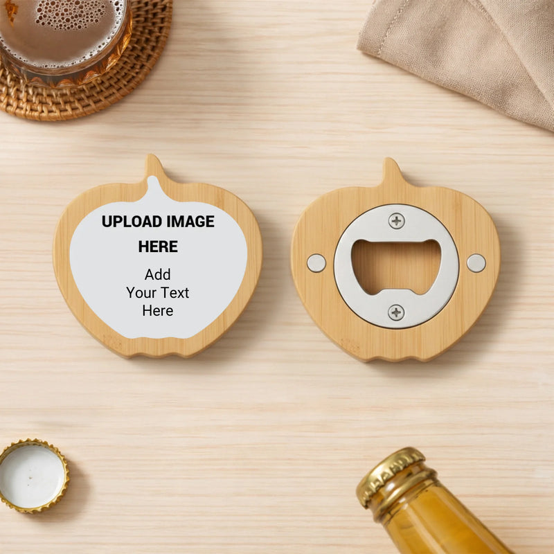 Personalized pumpkin shaped magnetic bottle opener with high-gloss custom finish, festive fall refrigerator magnet printed in Phoenix AZ.