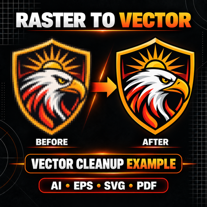 Before-and-after vector tracing example showing a pixelated eagle badge converted into clean, print-ready vector artwork.
