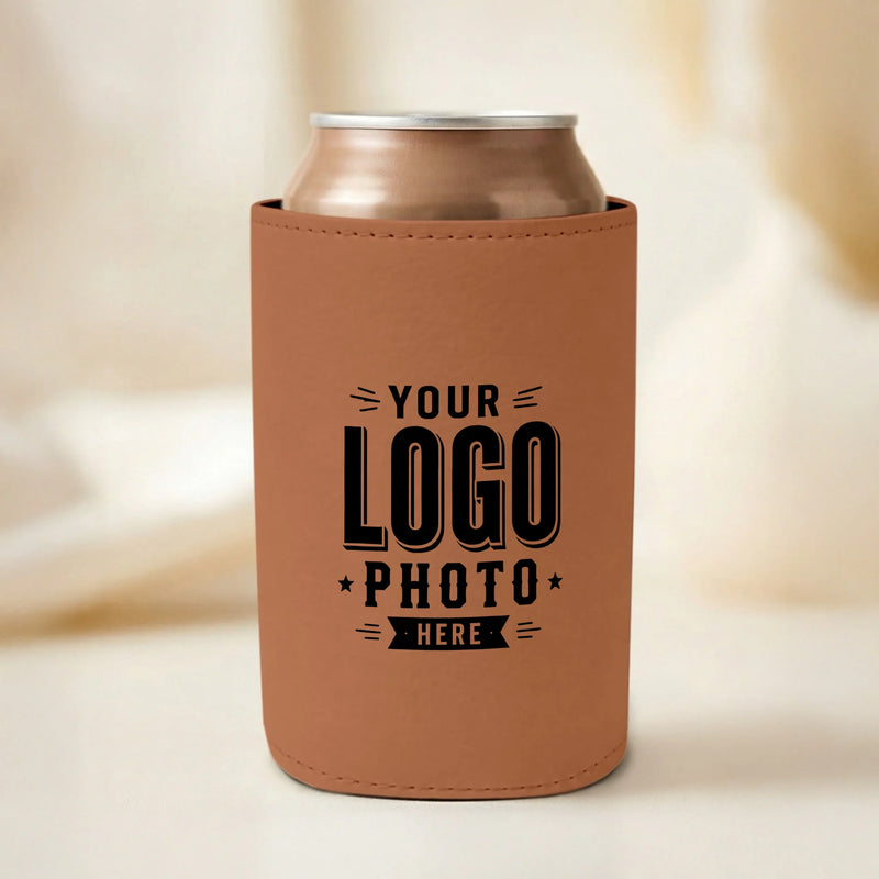Custom rawhide leatherette can cooler with UV printed logos, names, photos, and artwork for corporate gifts, weddings, golf tournaments, events, and promotional marketing.